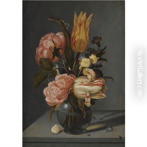 Still Life With Tulips, Roses, Marigolds And Other Flowers In A Glass Vase With A Ladybird And A Caterpillar, All On A Ledge Oil Painting by Ambrosius the Younger Bosschaert