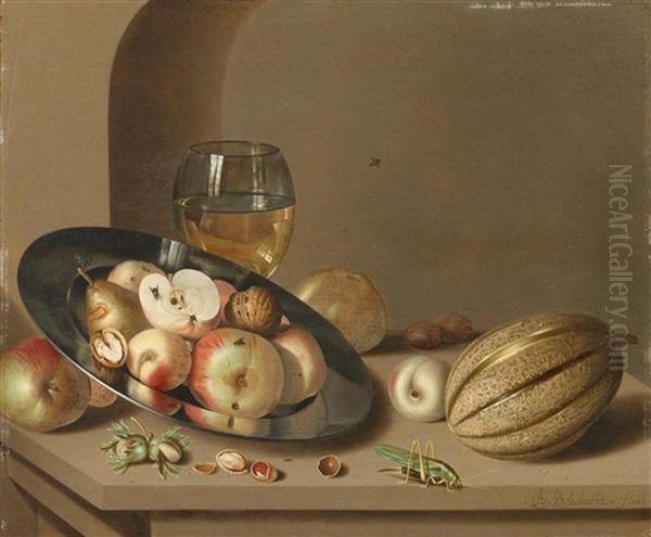 Stilleben Mit Fruchten Auf Einem Zinnteller, Einem Romer, Einer Melone Und Einem Grashupfer Auf Einem Tisch Oil Painting by Ambrosius the Younger Bosschaert