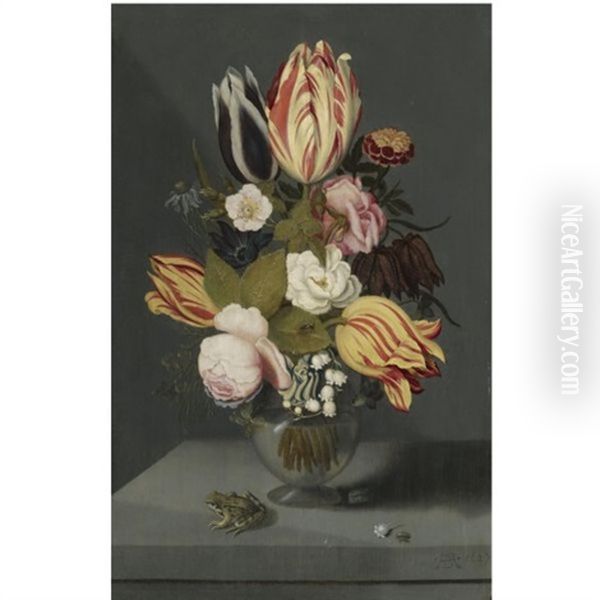 Still Life With Variegated Tulips, Pink And White Roses, A Marigold Fritillary, Columbine And Lily Of The Valley In A Globose Vase With A Toad, All On A Ledge Oil Painting by Ambrosius the Younger Bosschaert