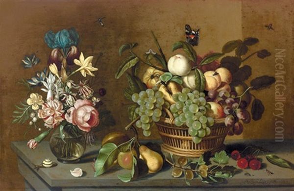 Stillleben Mit Fruchtkorb Und Blumenvase Oil Painting by Ambrosius the Younger Bosschaert