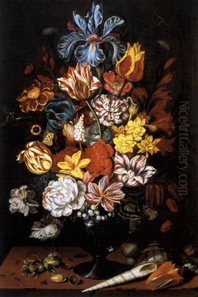 Blumenstrauss In Einer Glasvase Und Muscheln Oil Painting by Ambrosius the Younger Bosschaert