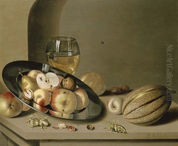 Apples, Pears, Peaches And Walnuts On A Pewter Plate With Fruit, A Roemer, A Melon, Chestnuts And A Grasshopper On A Stone Ledge In A Niche Oil Painting by Ambrosius the Younger Bosschaert