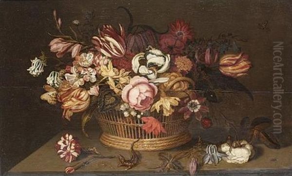 Tulips, An Iris, Narcissi, A Peony And Other Flowers In A Basket With A Carnation, A Rose And A Lizard On A Table-top Oil Painting by Ambrosius the Younger Bosschaert