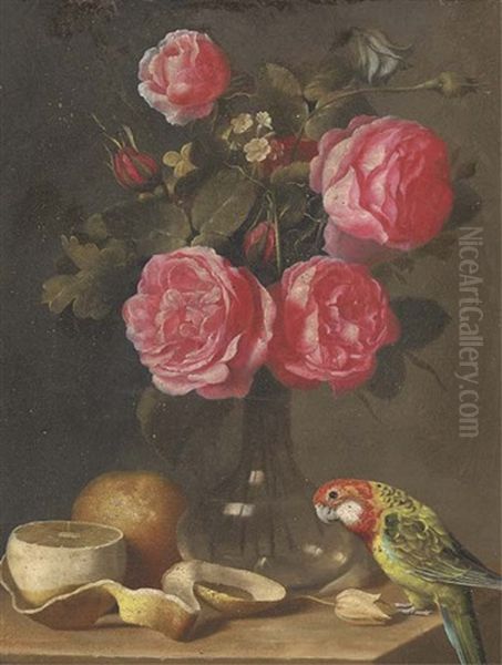 Roses In A Glass Vase, A Partly-peeled Lemon And A Parrot On A Ledge Oil Painting by Ambrosius the Younger Bosschaert
