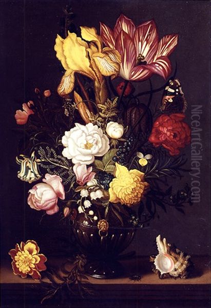 A Tulip, A Yellow Iris, A Sprig Of Moss Rose, A Snake's Head Fritillery, Roses, Peonies, Forget-me-not, Lily Of The Valley And Other Blooms In A Bronze Vase With Gilt Mounts, On A Ledge Oil Painting by Ambrosius the Younger Bosschaert