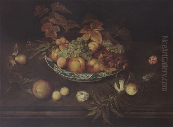 A Still Life With Grapes, Peaches, Apricots And Apples In A Wan-li Porcelain Bowl, Together With A Pear, A Prune, Peaches, Apricots, Carnations A Butterfly And A Blue Tit Oil Painting by Ambrosius the Younger Bosschaert