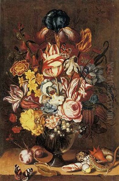 Tulips, Peonies, Narcissi And Other Flowers In A Glass Vase With Plums, Seashells, A Butterfly And A Lizard On A Ledge Oil Painting by Ambrosius the Younger Bosschaert