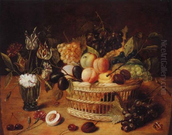A Still Life Of A Basket Of Fruit With Flowers In A Vase Oil Painting by Ambrosius the Younger Bosschaert