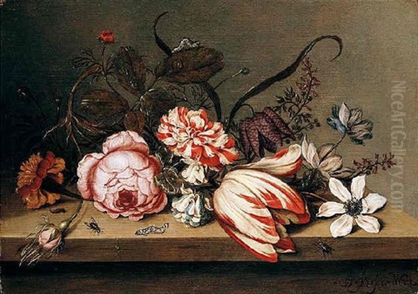 A Still Life Of A Rose, Tulip, Marigold, Columbine And Anemone With Caterpillars And Flies On A Table Oil Painting by Ambrosius the Younger Bosschaert