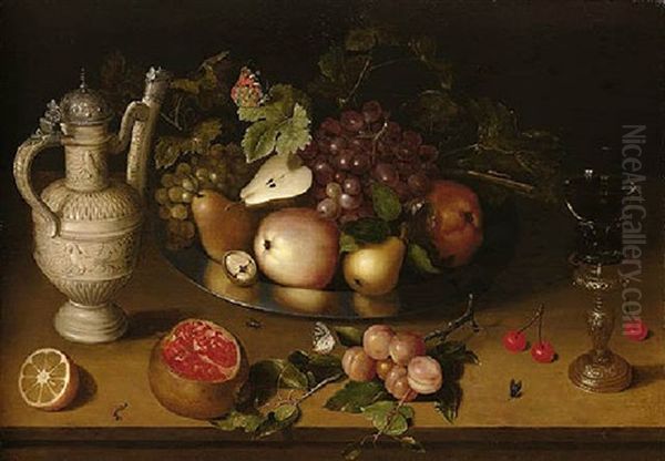 A Still Life Of Pears, Apples, Grapes, A Sliced Orange And Other Fruits And Objects Resting On A Table Top With A Butterfly, Caterpillars And Flies Oil Painting by Ambrosius the Younger Bosschaert