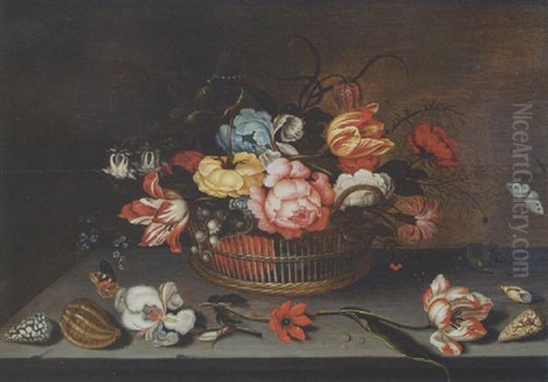 Tulips, Roses And Other Flowers In A Basket With A Lizard, Shells, An Iris, An Anemone, A Tulip And A Butterfly On The Ledge Oil Painting by Ambrosius the Younger Bosschaert