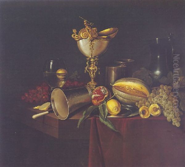 Still Life Of A Nautilus Shell, Silver Beaker, Tankard, Pewter Jug, Roemer And Fruit On A Partly Draped Table Oil Painting by Ambrosius the Younger Bosschaert