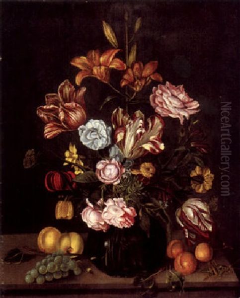 Blumenstilleben Mit Glasvase, Fruchten Und Insekten Auf Einem Tisch Oil Painting by Ambrosius the Younger Bosschaert