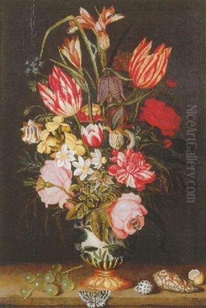 Flowers In A Chinese Porcelain Vase, With Grapes, Shells And A Butterfly On A Stone Ledge Oil Painting by Ambrosius the Younger Bosschaert