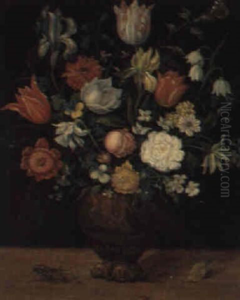 Blumenstraus In Einer Skulptierten Tonvase Oil Painting by Ambrosius the Younger Bosschaert