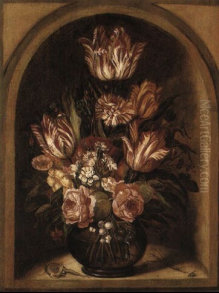 Tulips, Roses And Other Flowers In A Glass Vase With A Lizard In A Niche Oil Painting by Ambrosius the Younger Bosschaert