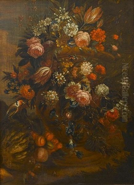 A Still Life Of Roses, Tulips, Carnations, Narcissi And Other Flowers In A Stone Urn With A Melon, Peaches, Pear, Pomegranate, A Butterfly, A Snail And A Goldfinch Oil Painting by Jan-Baptiste Bosschaert