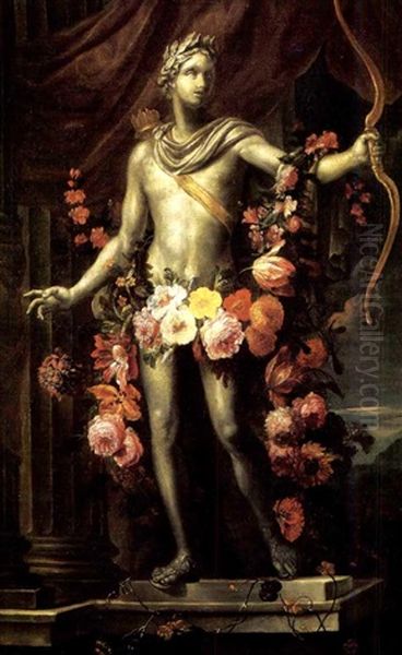 A Statue Of Apollo Decorated With Garland Of Flowers And Holding A Bow Oil Painting by Jan-Baptiste Bosschaert