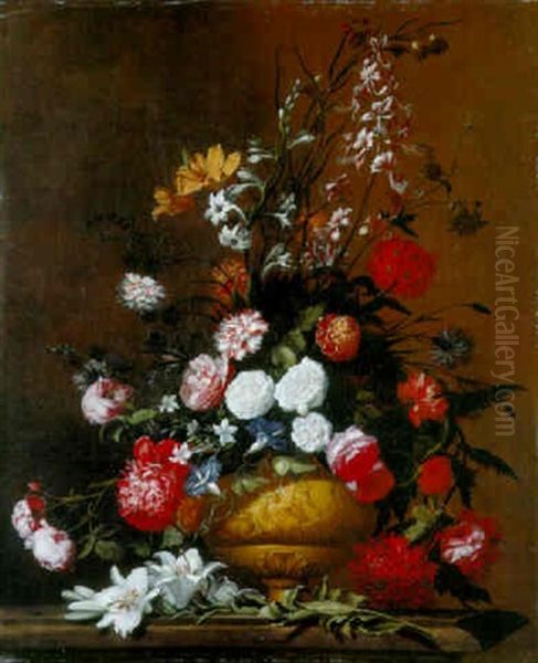 Roses And Other Flowers In A Sculpted Urn On A Ledge Oil Painting by Jan-Baptiste Bosschaert