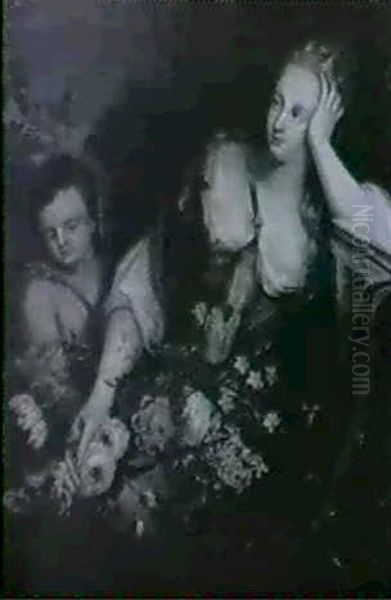 Jeune Femme Et Page Presentant Une Gerbe De Fleurs Oil Painting by Jan-Baptiste Bosschaert