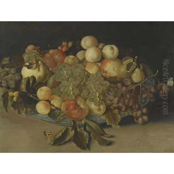 Sill Life With Blackberries, Apples, Peaches And Pears In A Chinese Blue And White Porcelain Bowl, Two Butterflies And A Fly Oil Painting by Johannes Bosschaert