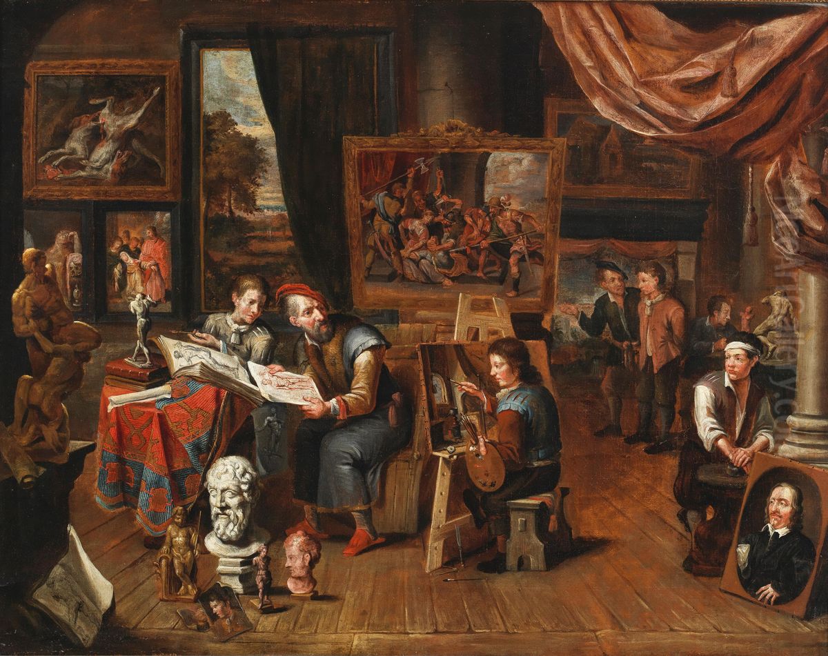An Artist's Studio Oil Painting by Balthasar Van Den Bossche