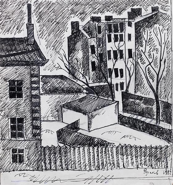 Back Yard On The Petrogradskaya Oil Painting by Aleksander Isaakovich Rusakov