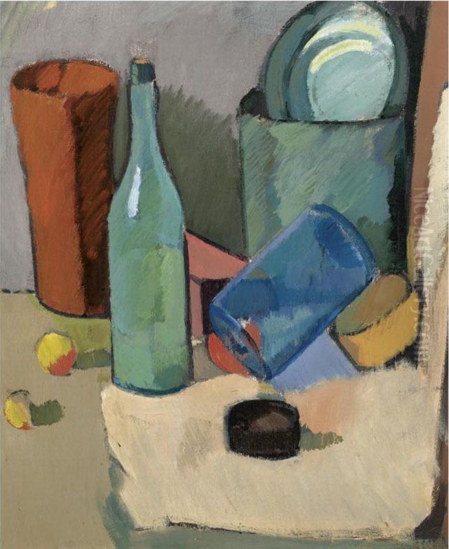 Still Life With Green Bottle Oil Painting by Aleksander Isaakovich Rusakov