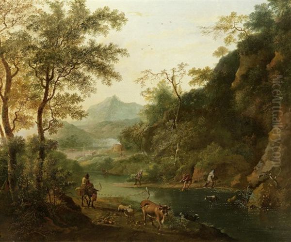 A Wooded Landscape With Travellers On A Country Path; And A Wooded River Landscape With Fisherman And Their Nets On The Bank (2 Works) Oil Painting by Jan Both