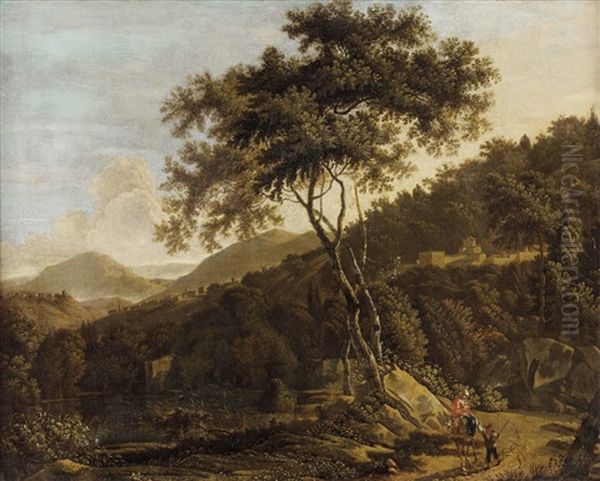 Bergige Landschaft Mit Kleineren Stadten Und Burg Sowie Eselreiterin Mit Begleiter Oil Painting by Jan Both