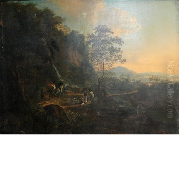 Travelers Passing A Waterfall Oil Painting by Jan Both