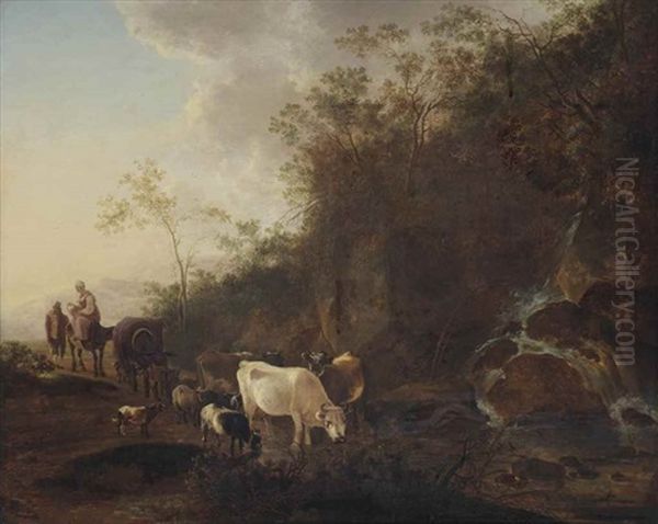 An Italianate Landscape With Herdsmen Watering Cattle At A Waterfall Oil Painting by Jan Both