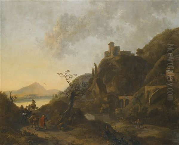 Italianate Rocky Landscape By The Sea With A Fortification, A Stone Bridge And A Ruined Wall, Figures Travelling On Donkeyback And On Foot In The Foreground Oil Painting by Jan Both