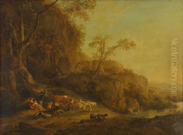 Landskap Med Figurer Och Boskap Oil Painting by Jan Both