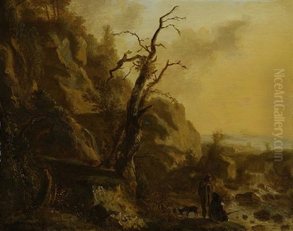 Felsige Landschaft Mit Fischer Und Wanderer An Fluss Oil Painting by Jan Both