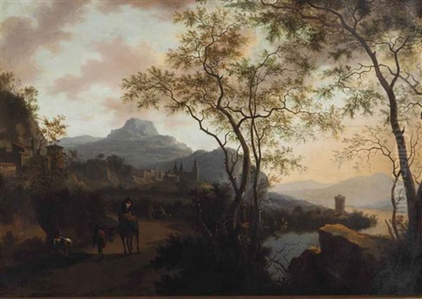 River Landscape With Travelers On Path Oil Painting by Jan Both