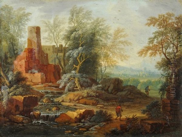 Landschaft Mit Zwei Wanderern Vor Ruine Und Bach Oil Painting by Jan Both