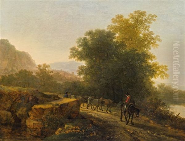 Bewaldete Gebirgige, Sudliche Flusslandschaft Im Abendlicht Mit Heimkehrender Herde Oil Painting by Jan Both