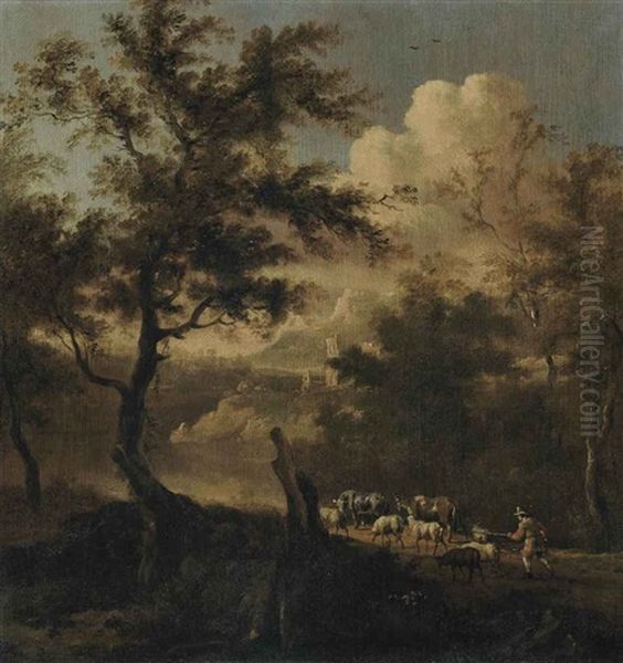 A Wooded Landscape With A Drover And His Cattle On A Track, A Fortified Town Beyond Oil Painting by Jan Both