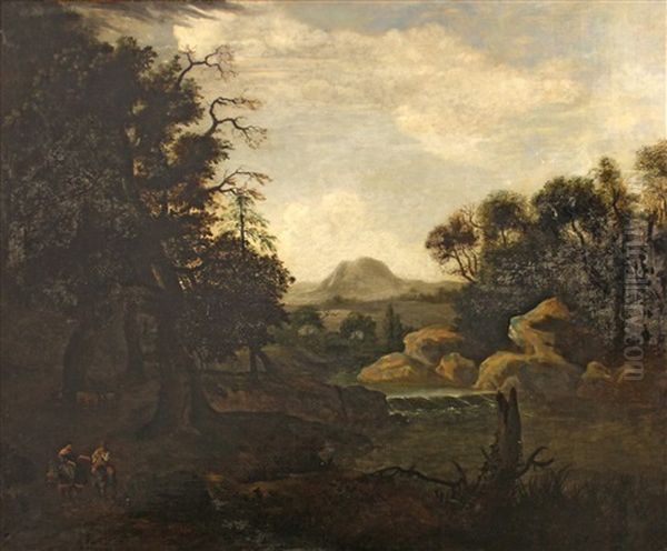 An Extensive Landscape With Two Figures On Horses By A River Bank Oil Painting by Jan Both