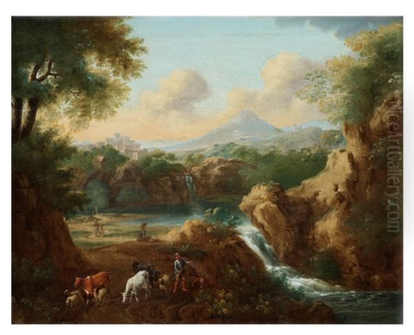 Pastoralt Landskap Med Figurer Och Kreatur Vid Ett Vattenfall Oil Painting by Jan Both