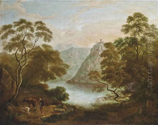 A Wooded River Landscape With A Herder, Goats And A Bull, A Fortified Town Beyond Oil Painting by Jan Both