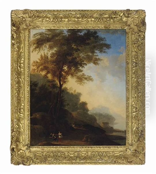 A Couple Fishing By The Riverbank Oil Painting by Jan Both