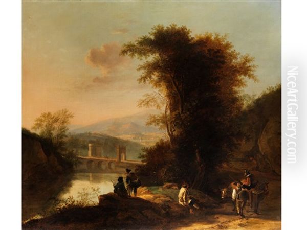 Sudliche Ideallandschaft Mit Wanderern, Ziehenden Bauern Und Einer Brucke Uber Einen Flusslauf Oil Painting by Jan Both
