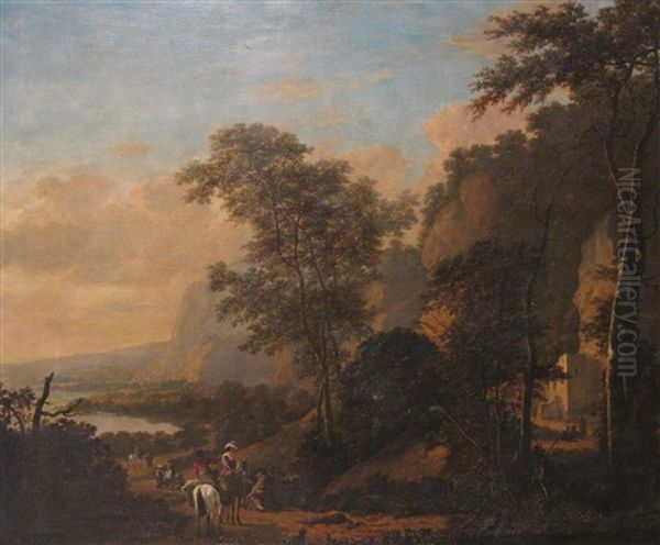Extensive River Landscape With Travellers On A Road Near Steep Cliffs Oil Painting by Jan Both