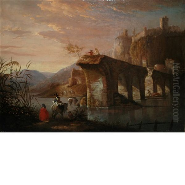 Italian Landscape With Figures Before The Ruins Of A Roman Bridge Oil Painting by Jan Both