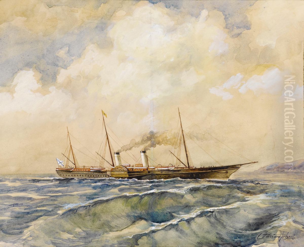 Ship At Sea Oil Painting by Aleksandrovski
