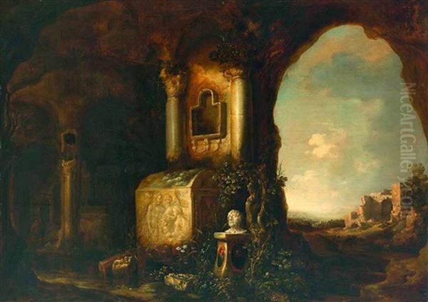 Sudliche Landschaft Mit Romischer Kapellenruine, Im Vordergrund Hohlengrabmal Mit Saulen, Altar Und Buste Des Seneca Oil Painting by Jan Both