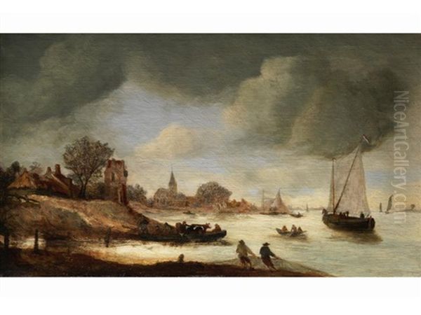 Uferlandschaft Mit Gebauden Und Schiffen In Der Bucht Sowie Figurenstaffage Oil Painting by Jan Both