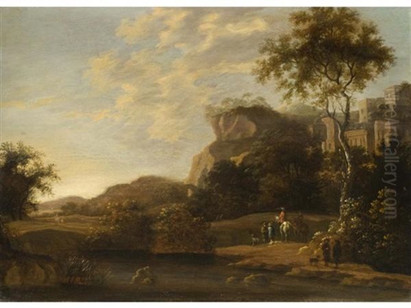 Ideallandschaft Mit Burgruine Auf Einem Felsen Und Reitern Oil Painting by Jan Both